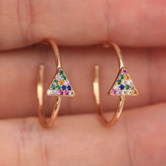Jewelry - 18K Yellow Gold Filled Bohemian Triangle Colorful Diamond Zircon Hoop Earrings
